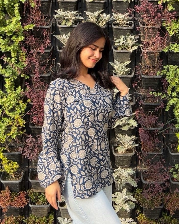 Navy Blossom Bell Sleeve Kurti
