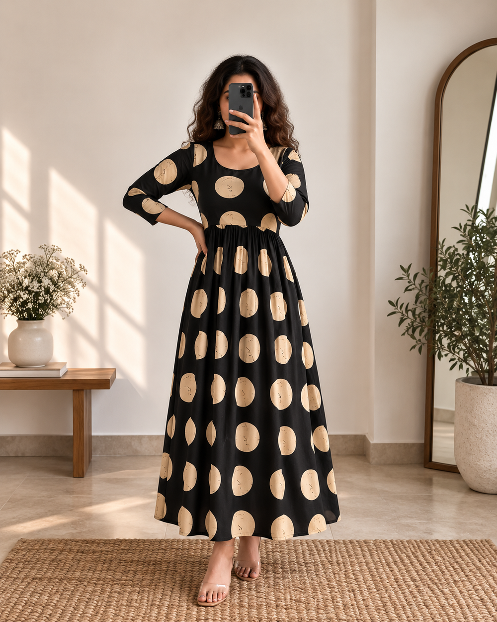 Bagru Ivory Polka Anarkali Dress