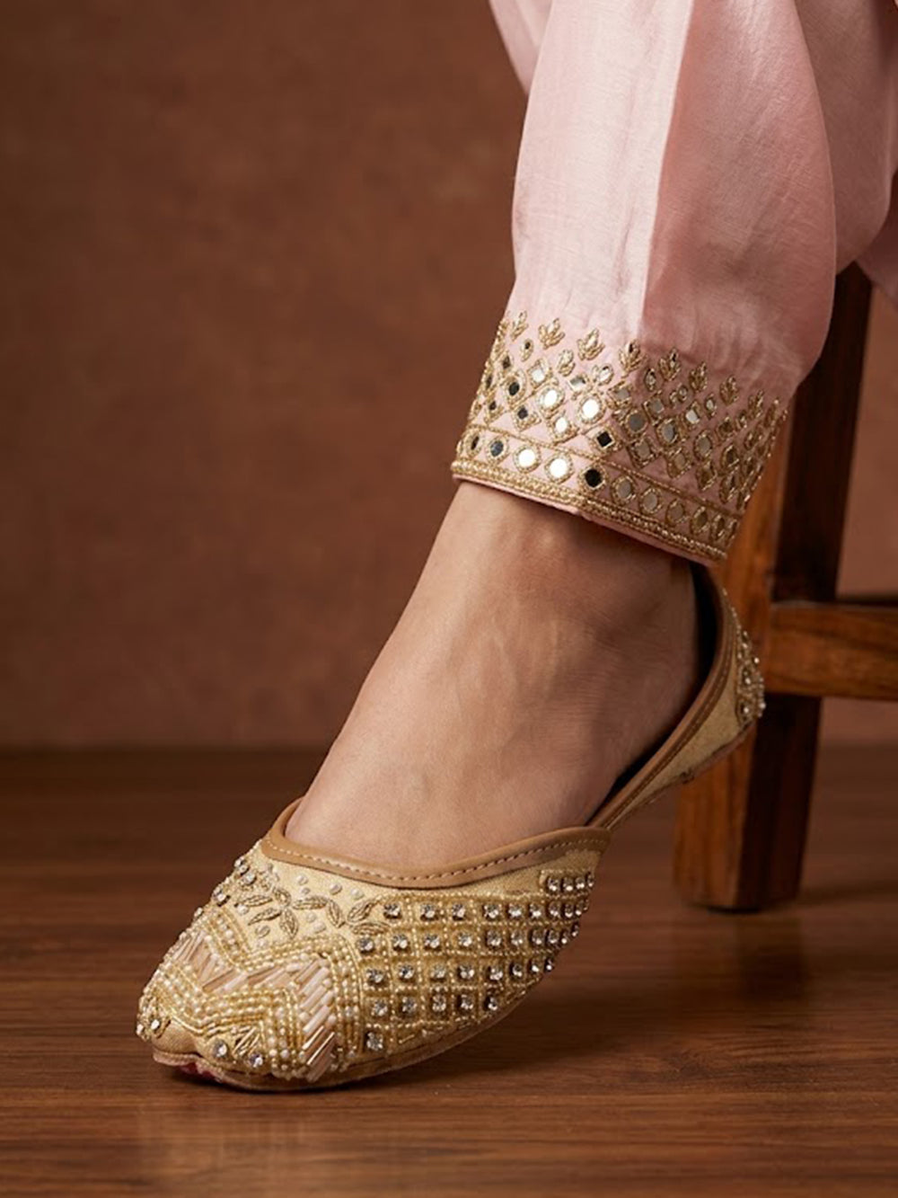Champagne Gold Mirror & Bead Embellished Ethnic Jutti for Women
