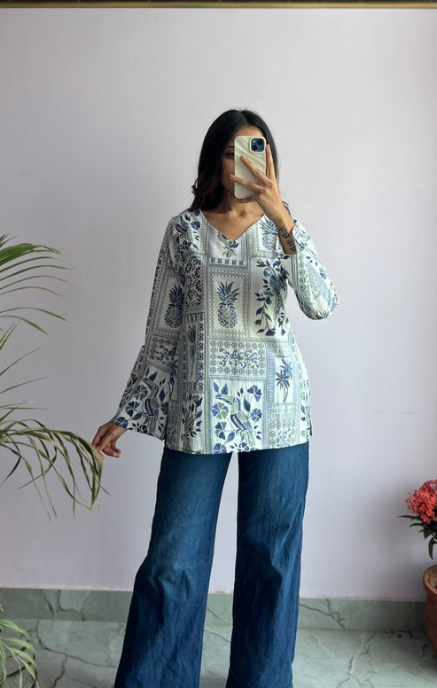 Pineapple Bell Plus Size Kurti(Blue)