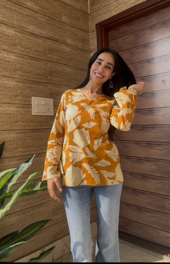 Mustard Big Flower Bell Sleeve Short Kurti