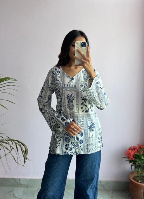 Pineapple Bell Plus Size Kurti(Blue)