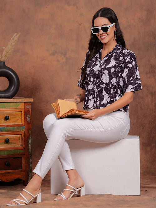 Black Flower Crop Shirt