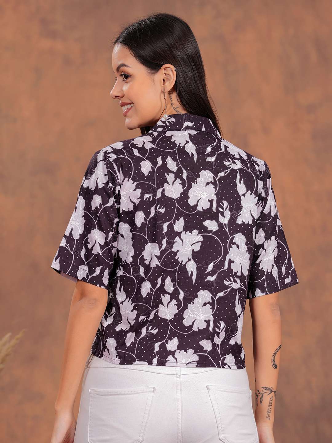 Black Flower Crop Shirt