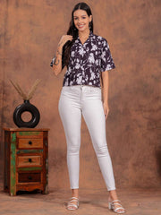 Black Flower Crop Shirt