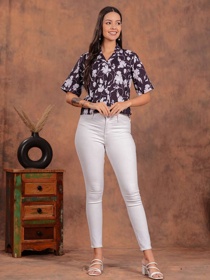 Black Flower Crop Shirt