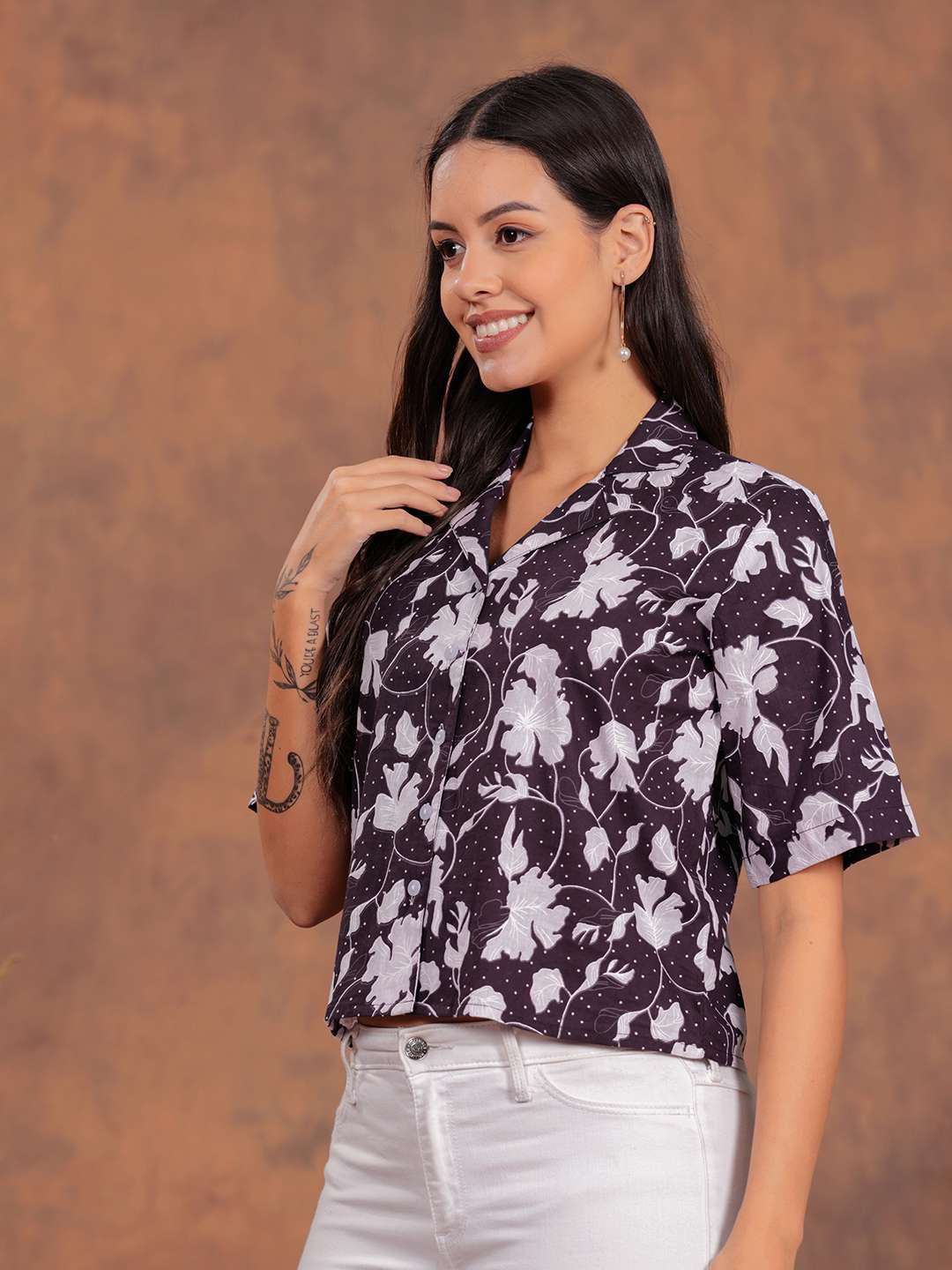 Black Flower Crop Shirt