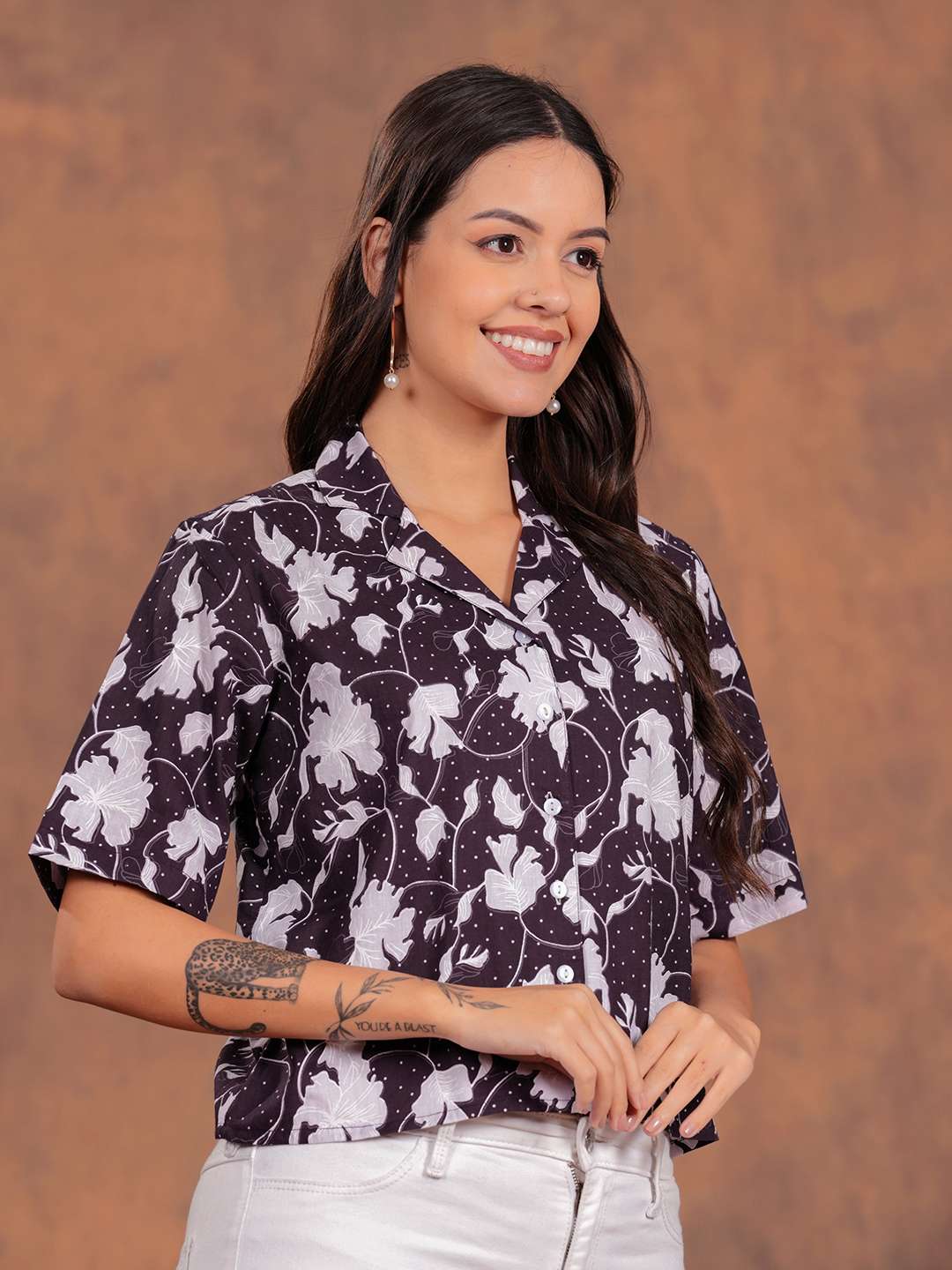 Black Flower Crop Shirt