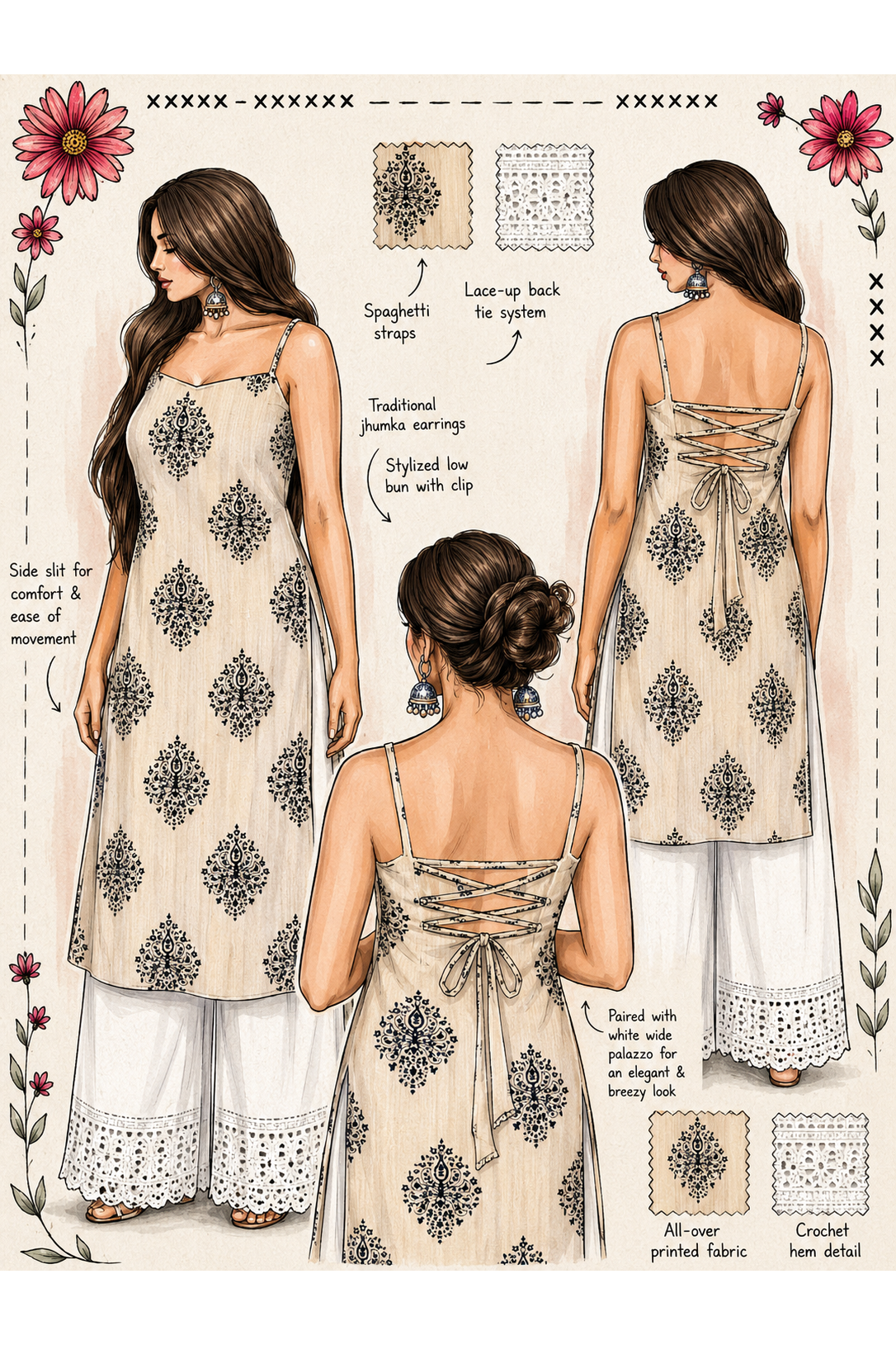 Beige black tie back kurti