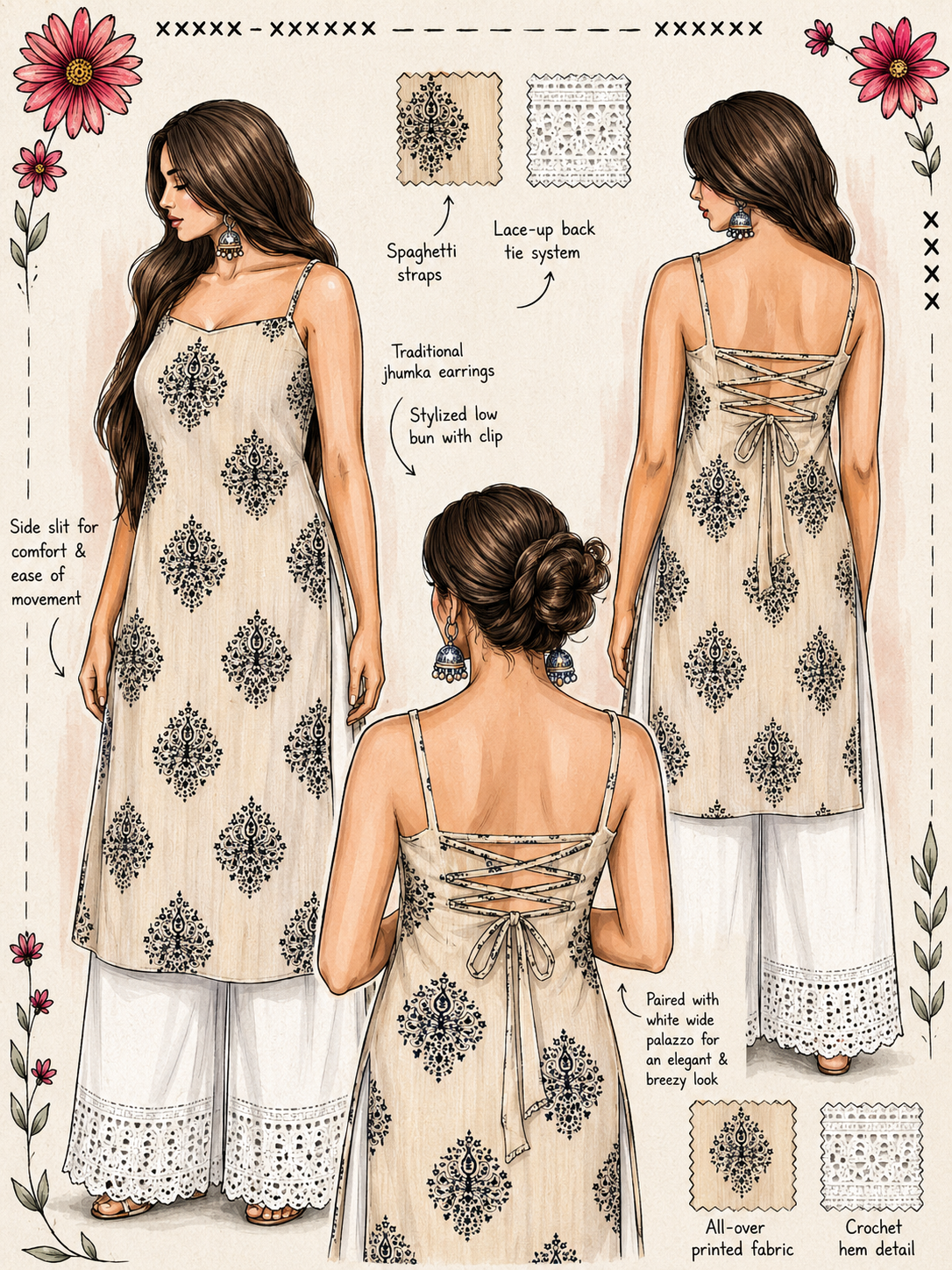 Beige black tie back kurti