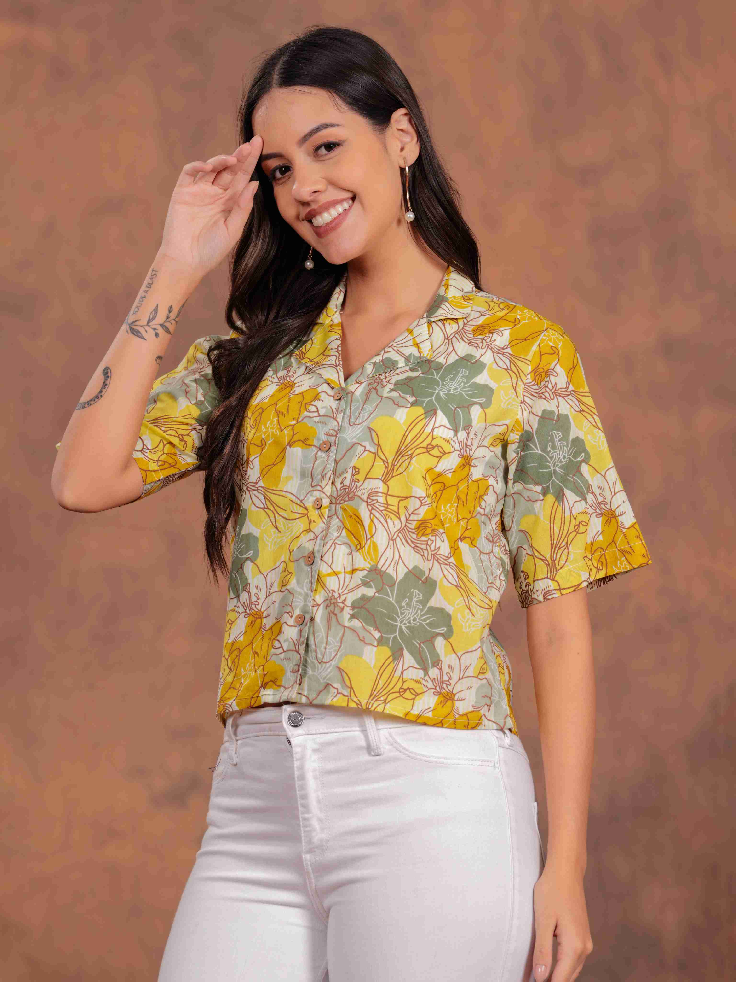 Yellow Flower Crop Shirt