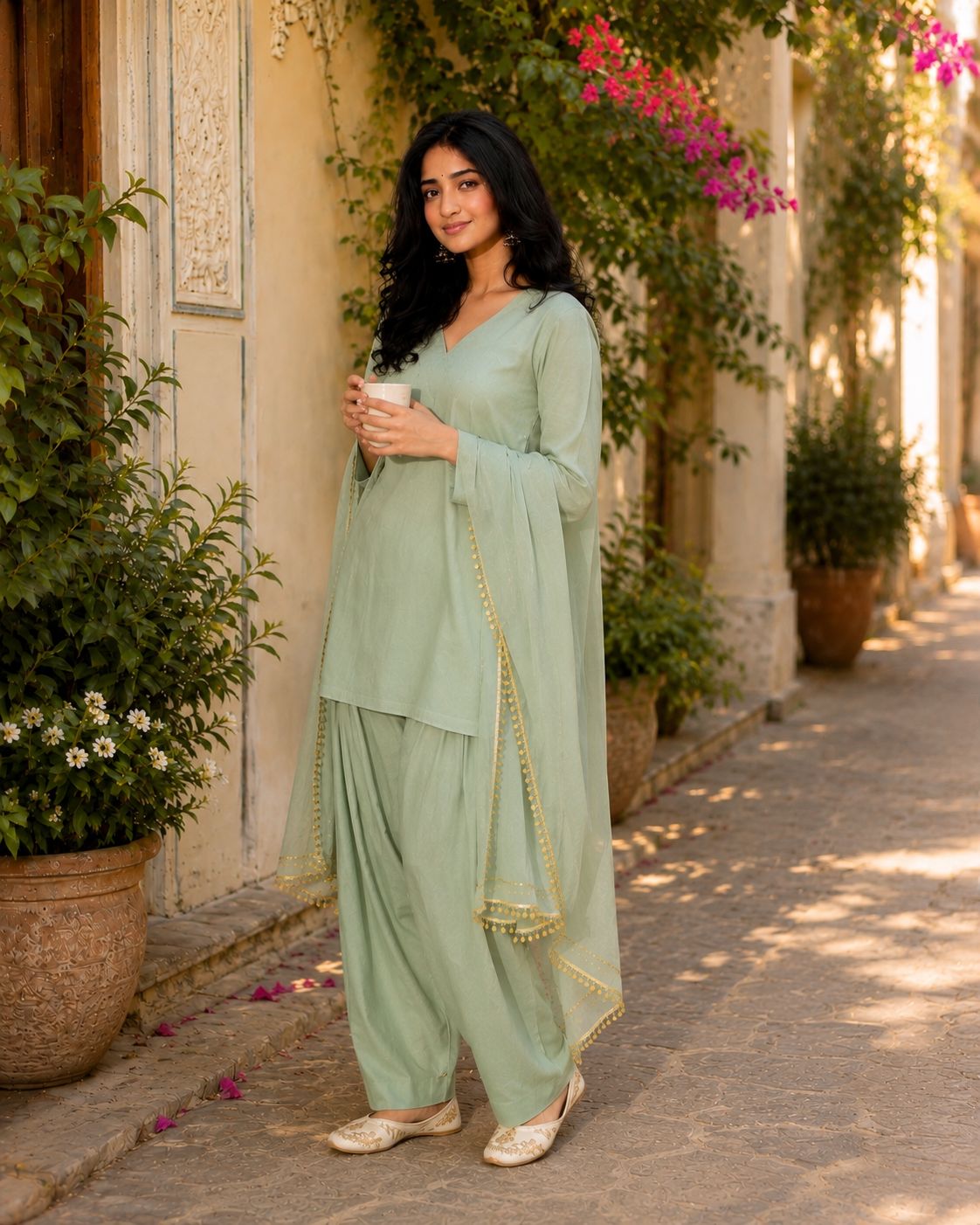Sage Farshi Salwar Set with Dupatta