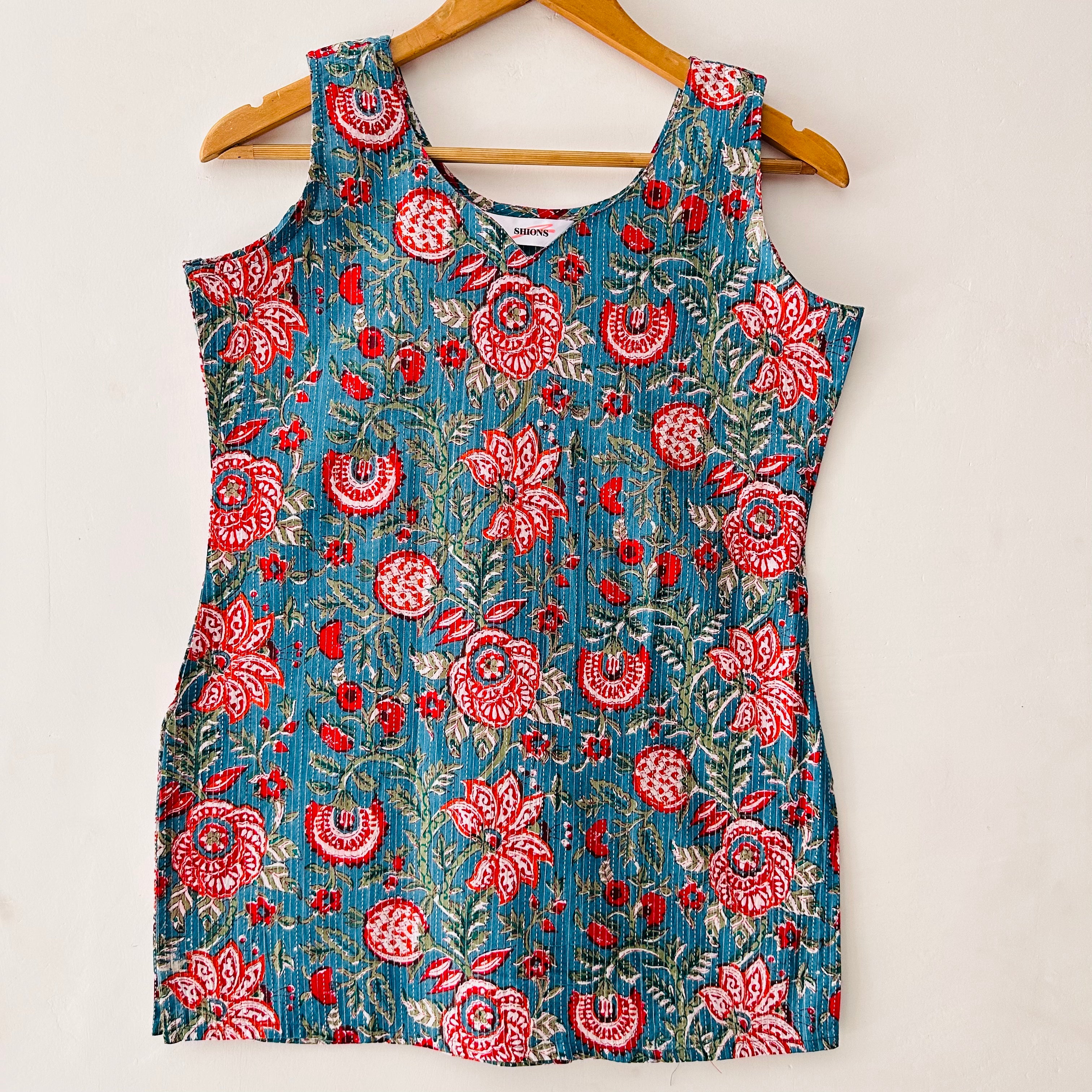Blue kantha Sleeveless Short Kurti