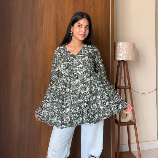 Navy Blue Cotton Blend Bandhani Print Alia Cut Peplum Top With Tassles and Kodi