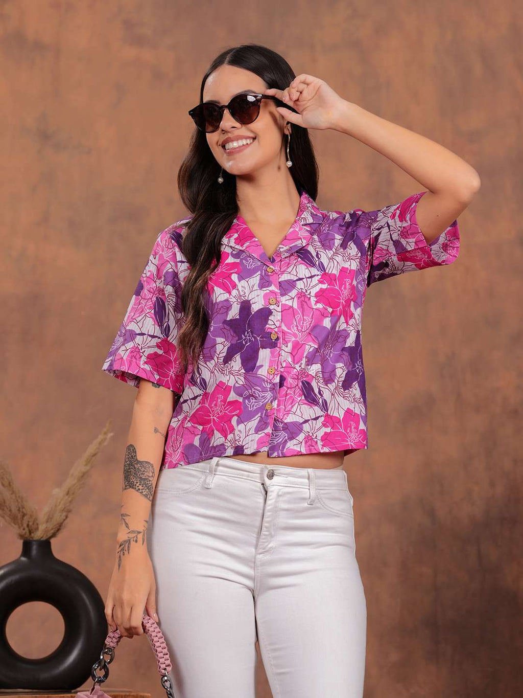 Purple Flower Crop Shirt