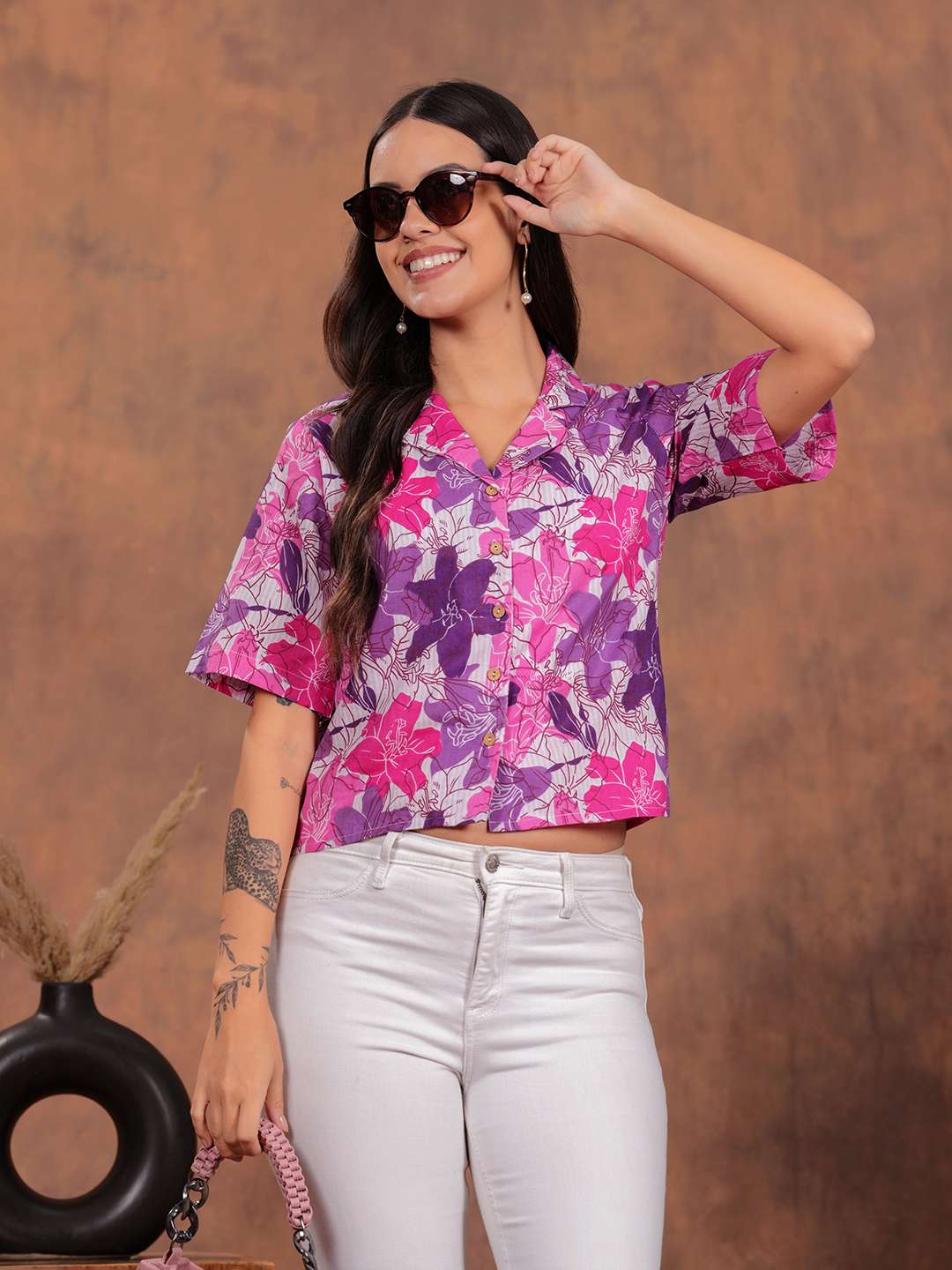 Purple Flower Crop Shirt