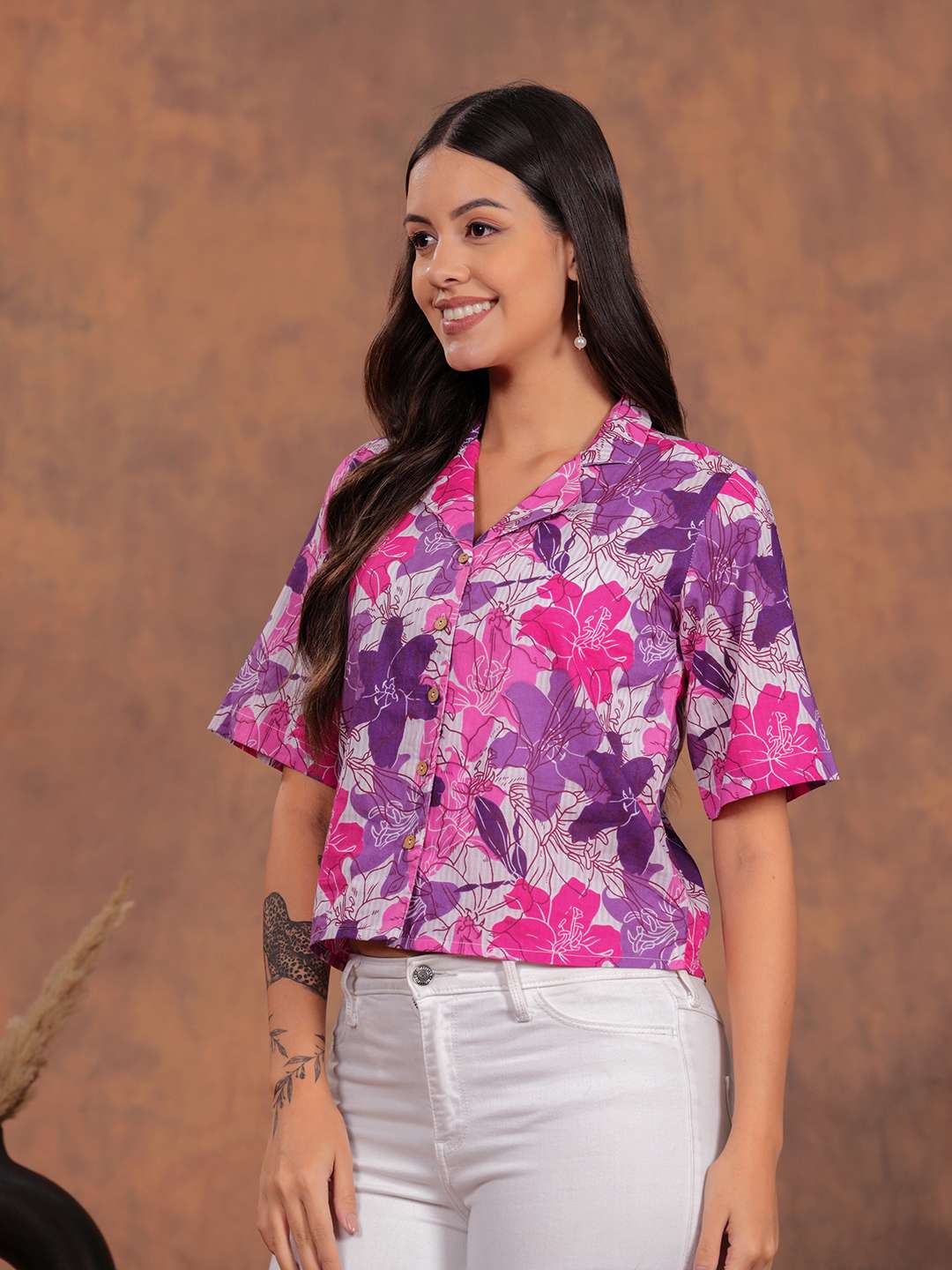 Purple Flower Crop Shirt