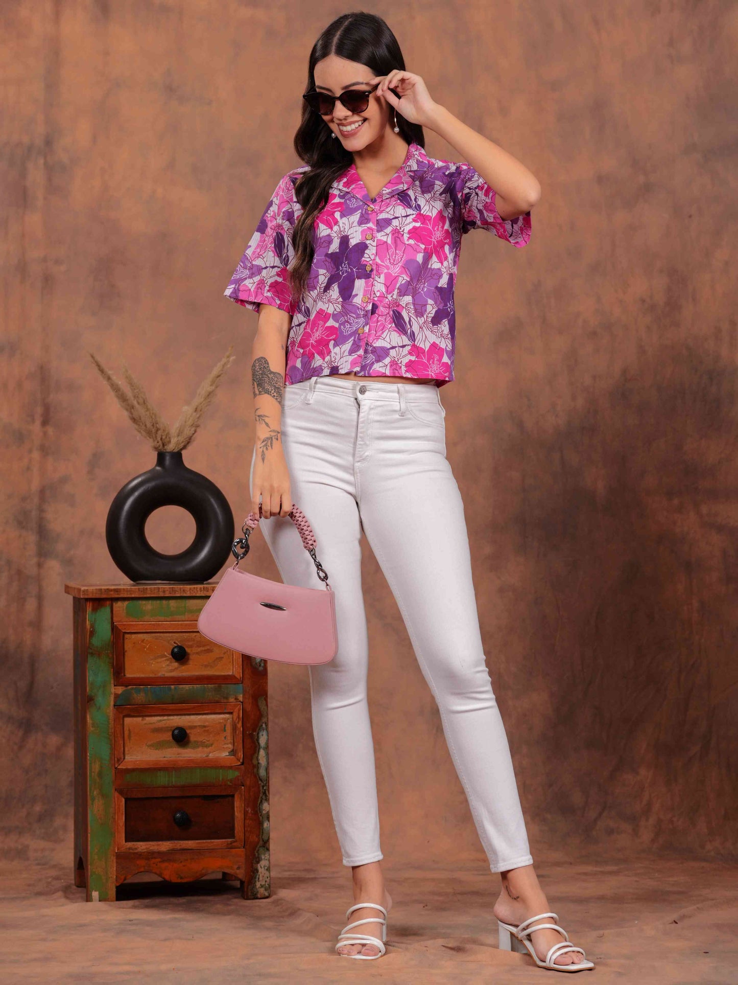 Purple Flower Crop Shirt