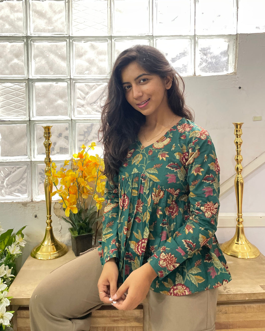 peplum top -2 - organic pure cotton printed peplum top in green main image 1