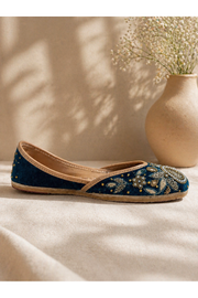 Teal Velvet & Antique Gold Handcrafted Zardozi Ethnic Jutti for Women