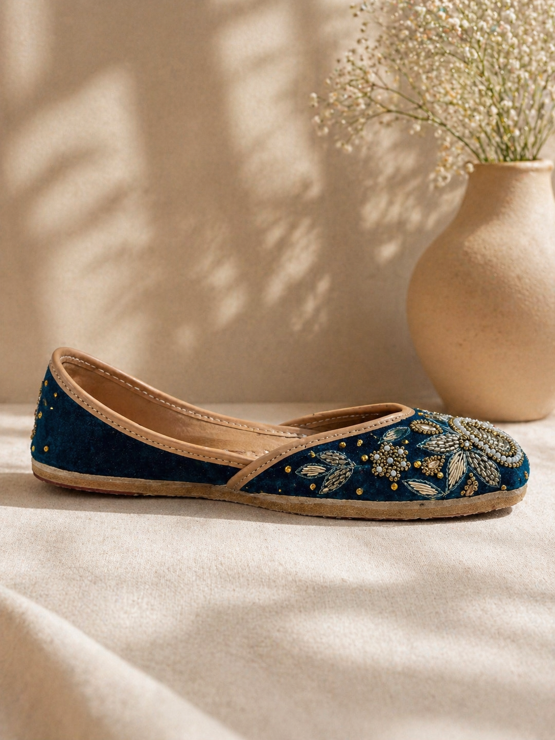 Teal Velvet & Antique Gold Handcrafted Zardozi Ethnic Jutti for Women