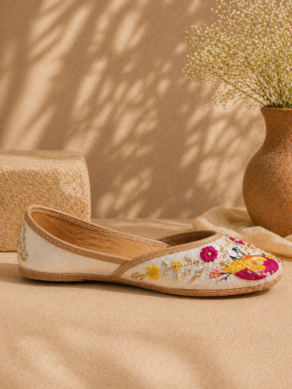 Ivory Multicolor Bird Motif Hand-Embroidered Ethnic Jutti for Women
