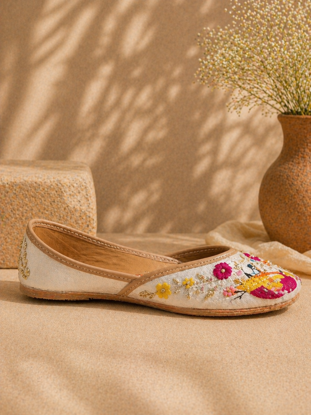 Ivory Multicolor Bird Motif Hand-Embroidered Ethnic Jutti for Women