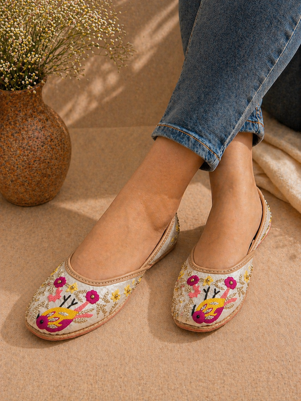Ivory Multicolor Bird Motif Hand-Embroidered Ethnic Jutti for Women