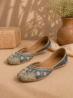 Slate Grey & Antique Gold Floral Dabka Handcrafted Ethnic Jutti for Women