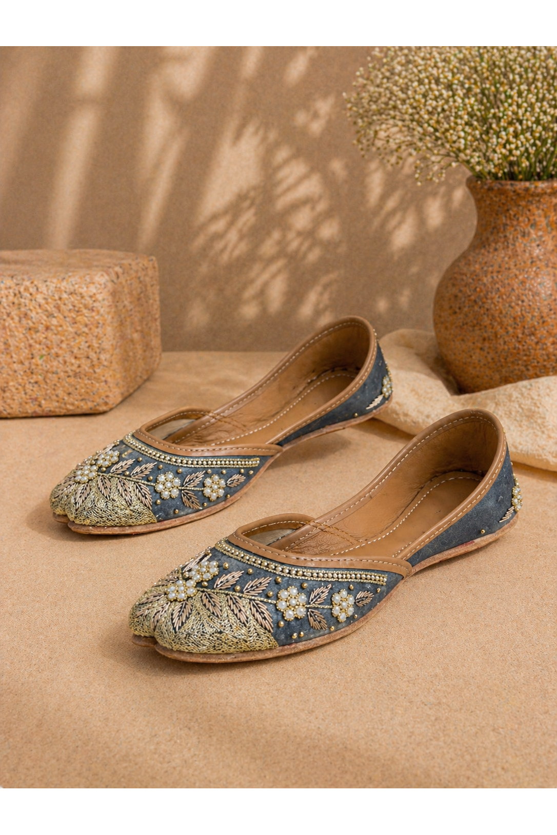Slate Grey & Antique Gold Floral Dabka Handcrafted Ethnic Jutti for Women