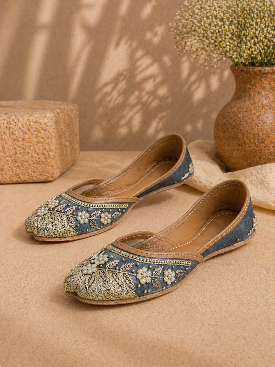 Slate Grey & Antique Gold Floral Dabka Handcrafted Ethnic Jutti for Women