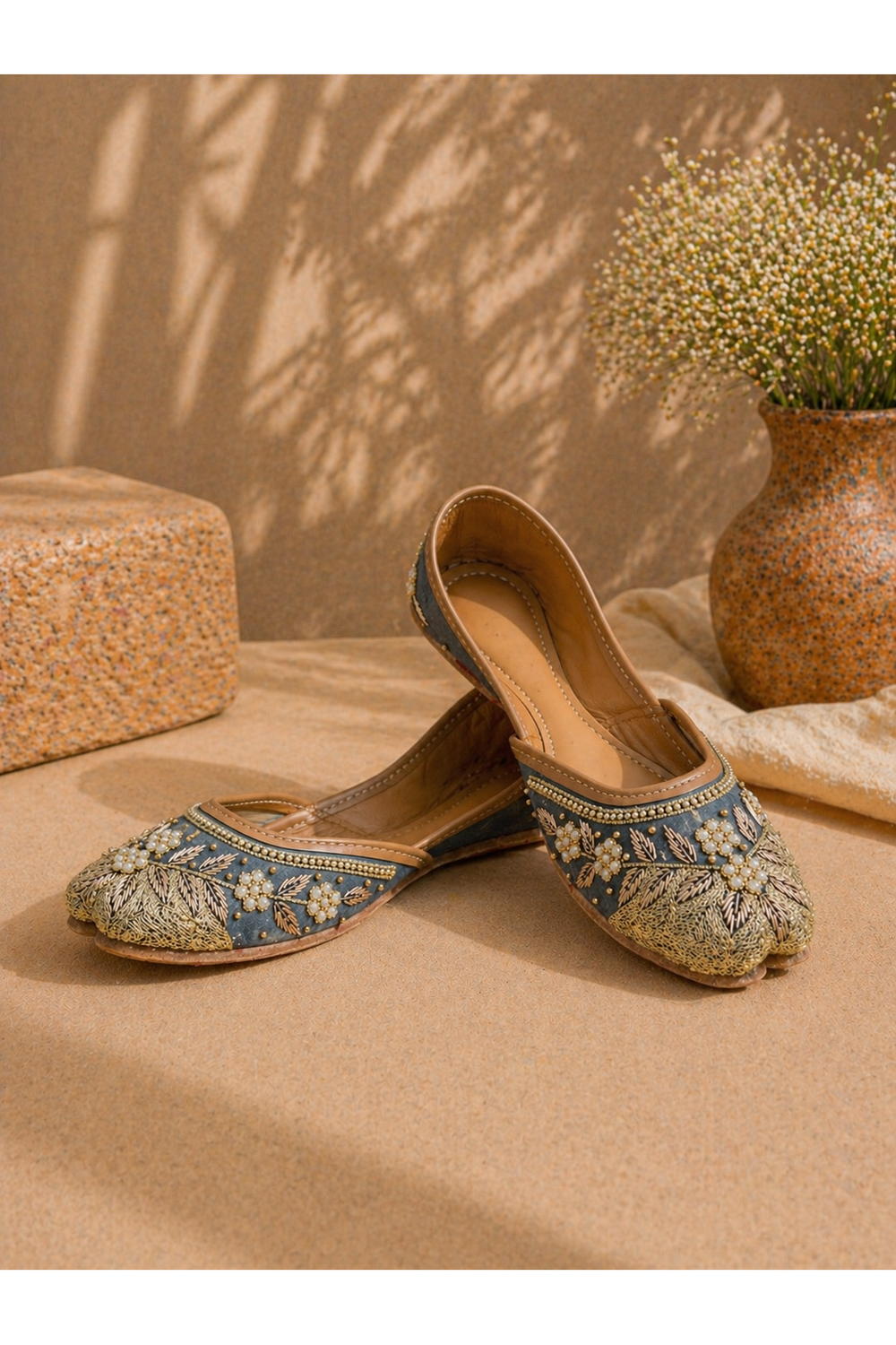 Slate Grey & Antique Gold Floral Dabka Handcrafted Ethnic Jutti for Women
