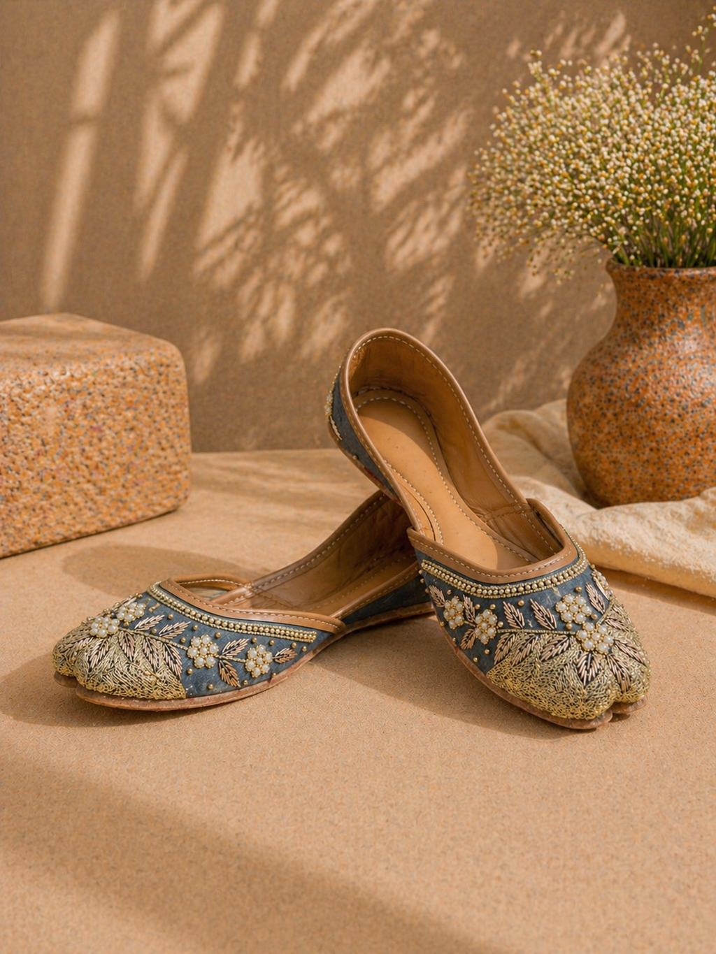 Slate Grey & Antique Gold Floral Dabka Handcrafted Ethnic Jutti for Women