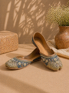 Slate Grey & Antique Gold Floral Dabka Handcrafted Ethnic Jutti for Women