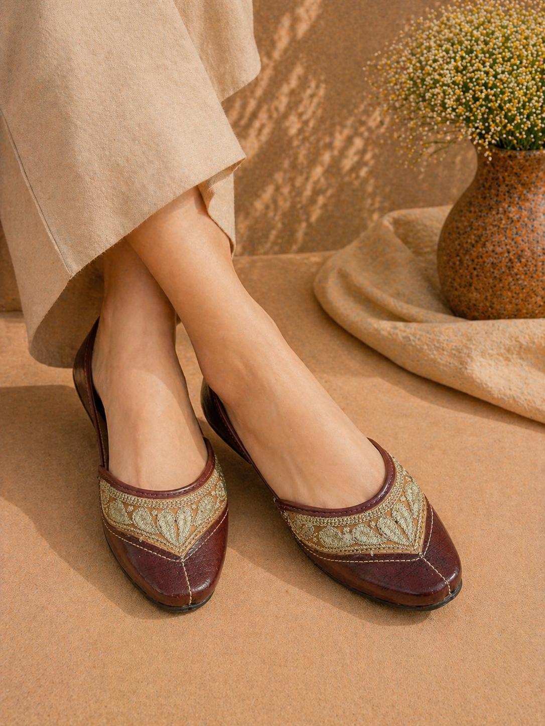 Maroon & Beige Heritage Threadwork Classic Juttis for Women