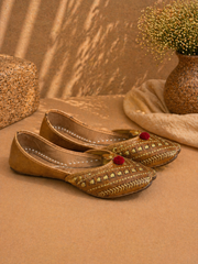 Mustard Leather Cutwork Ethnic Jutti with Pom Detail for Women