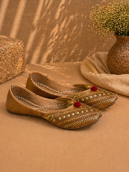 Mustard Leather Cutwork Ethnic Jutti with Pom Detail for Women