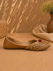 Mustard Leather Cutwork Ethnic Jutti with Pom Detail for Women