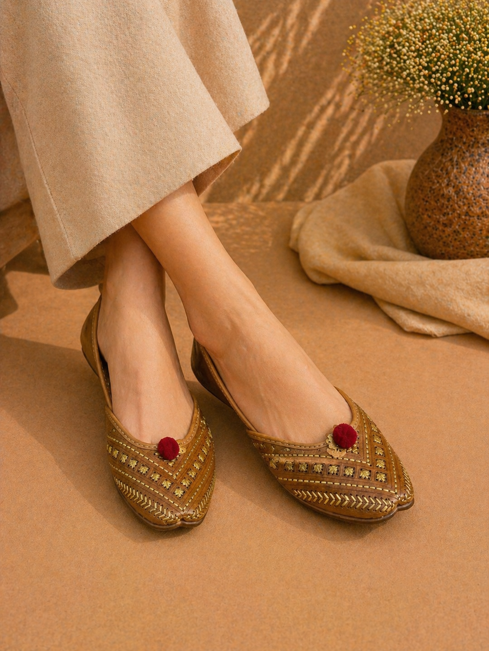 Mustard Leather Cutwork Ethnic Jutti with Pom Detail for Women