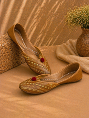 Mustard Leather Cutwork Ethnic Jutti with Pom Detail for Women