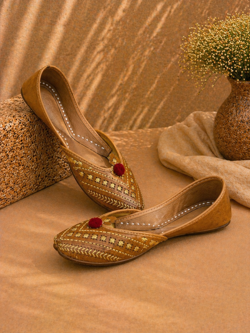 Mustard Leather Cutwork Ethnic Jutti with Pom Detail for Women