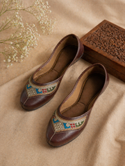 Coffee Brown Tribal Pattern Embroidered Juttis for Women