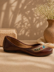 Coffee Brown Tribal Pattern Embroidered Juttis for Women