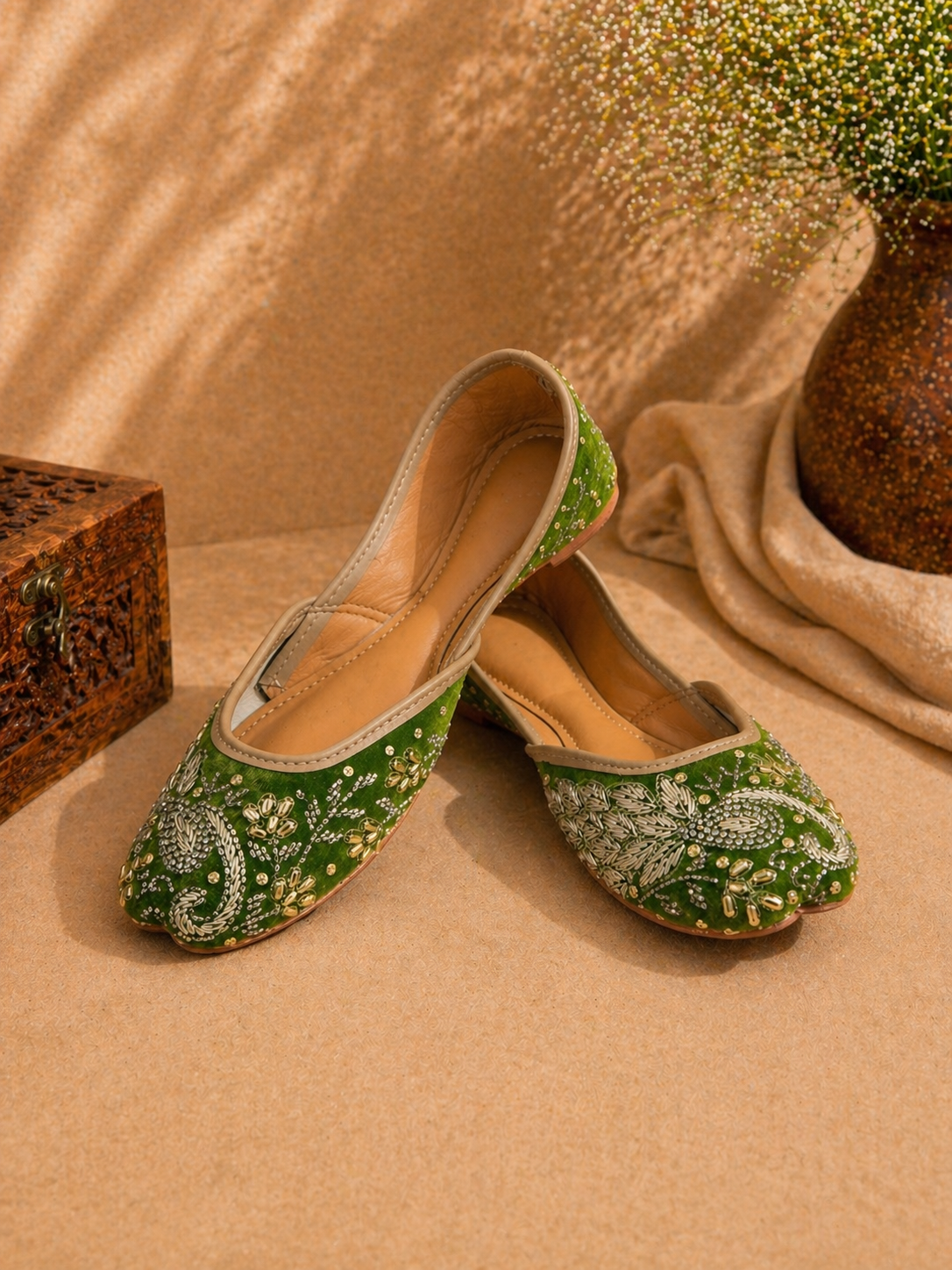 Emerald Green Pearl & Sequin Embroidered Ethnic Jutti for Women