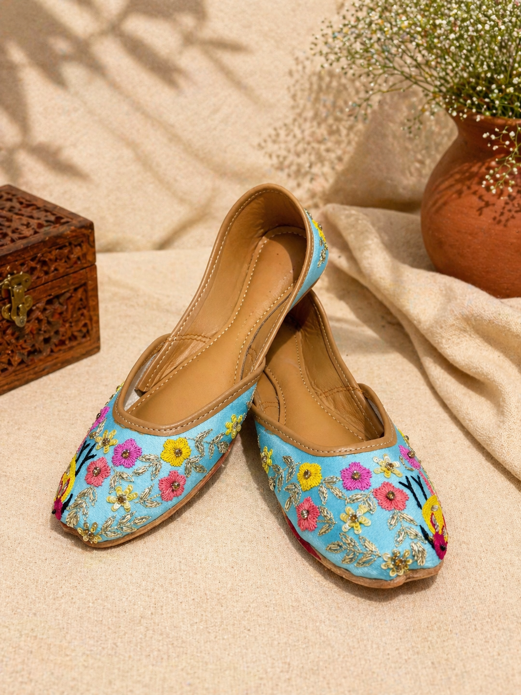 Sky Blue Bird Motif Hand Embroidered Jutti for Women