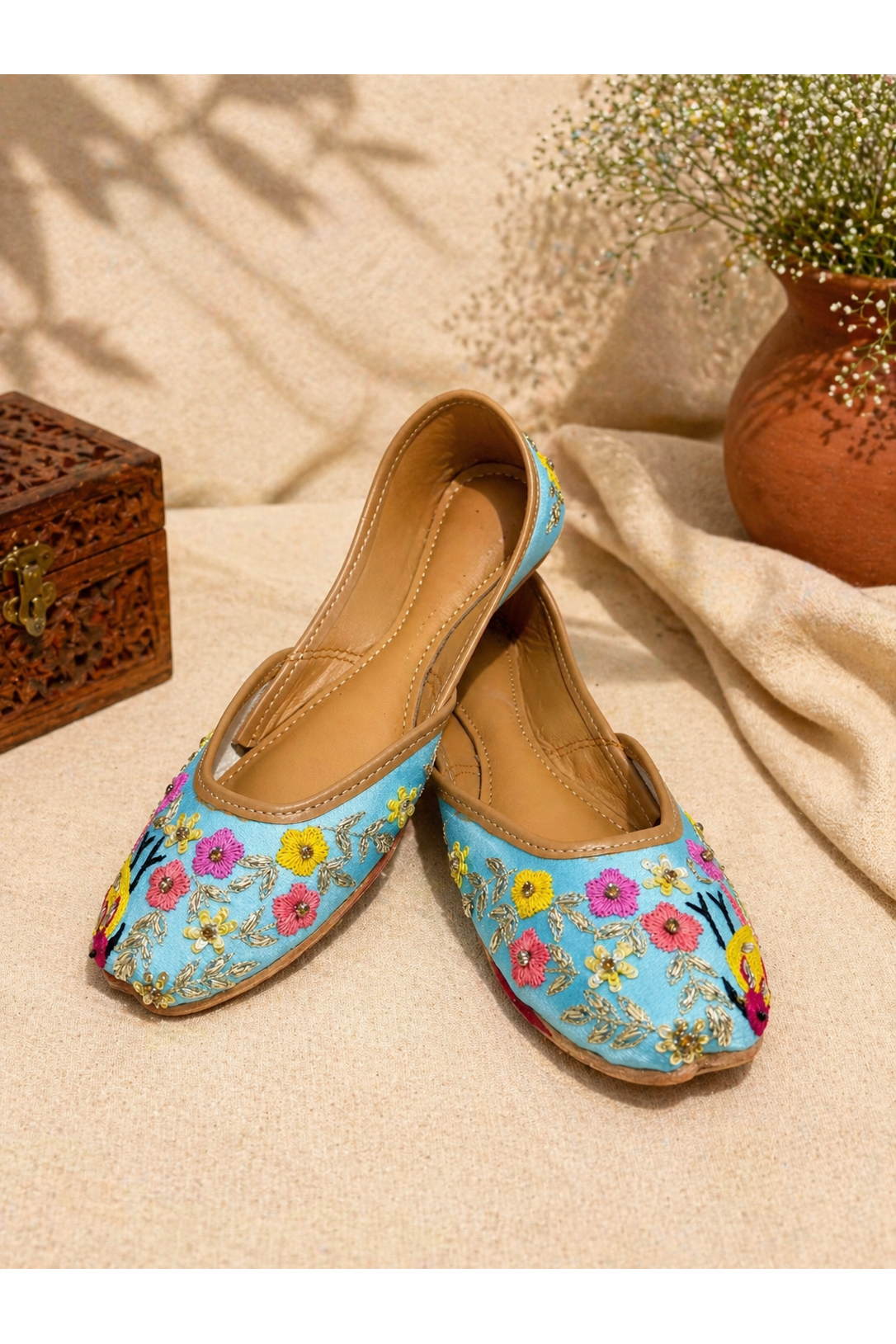 Sky Blue Bird Motif Hand Embroidered Jutti for Women