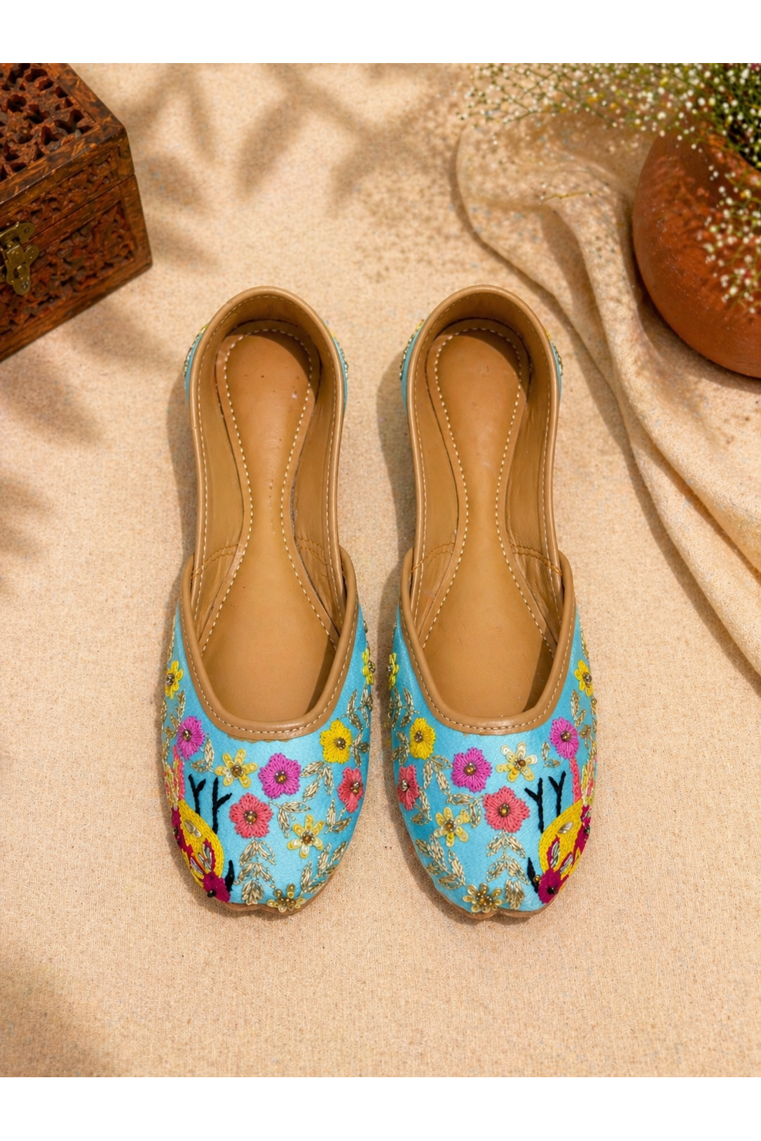 Sky Blue Bird Motif Hand Embroidered Jutti for Women
