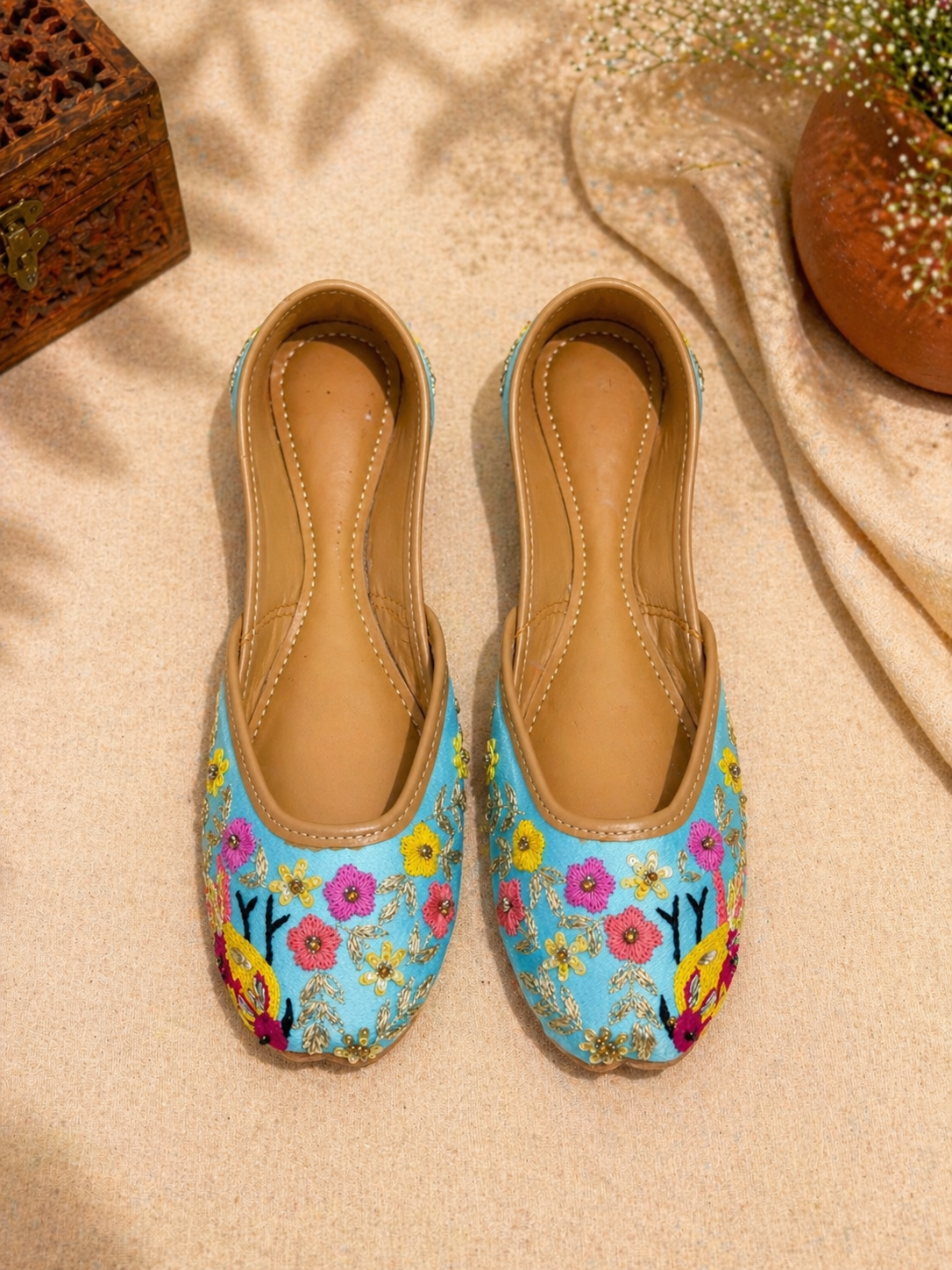 Sky Blue Bird Motif Hand Embroidered Jutti for Women