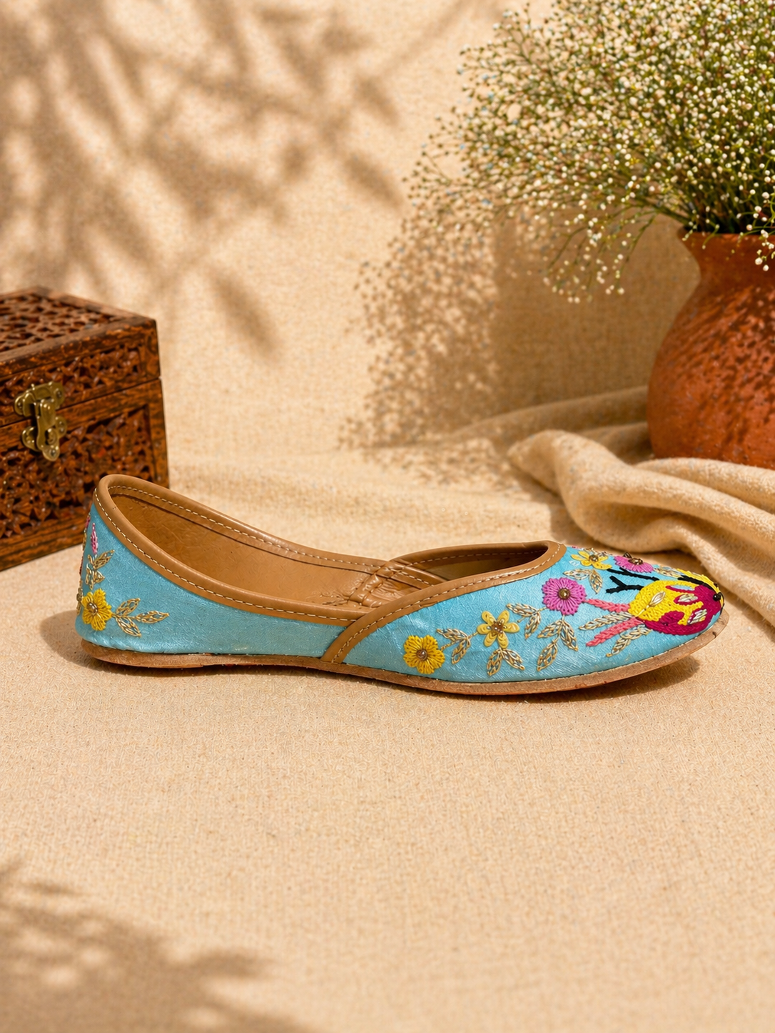 Sky Blue Bird Motif Hand Embroidered Jutti for Women
