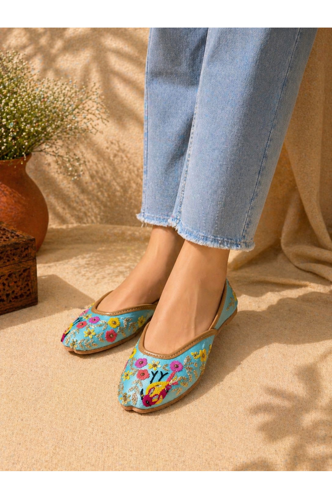 Sky Blue Bird Motif Hand Embroidered Jutti for Women